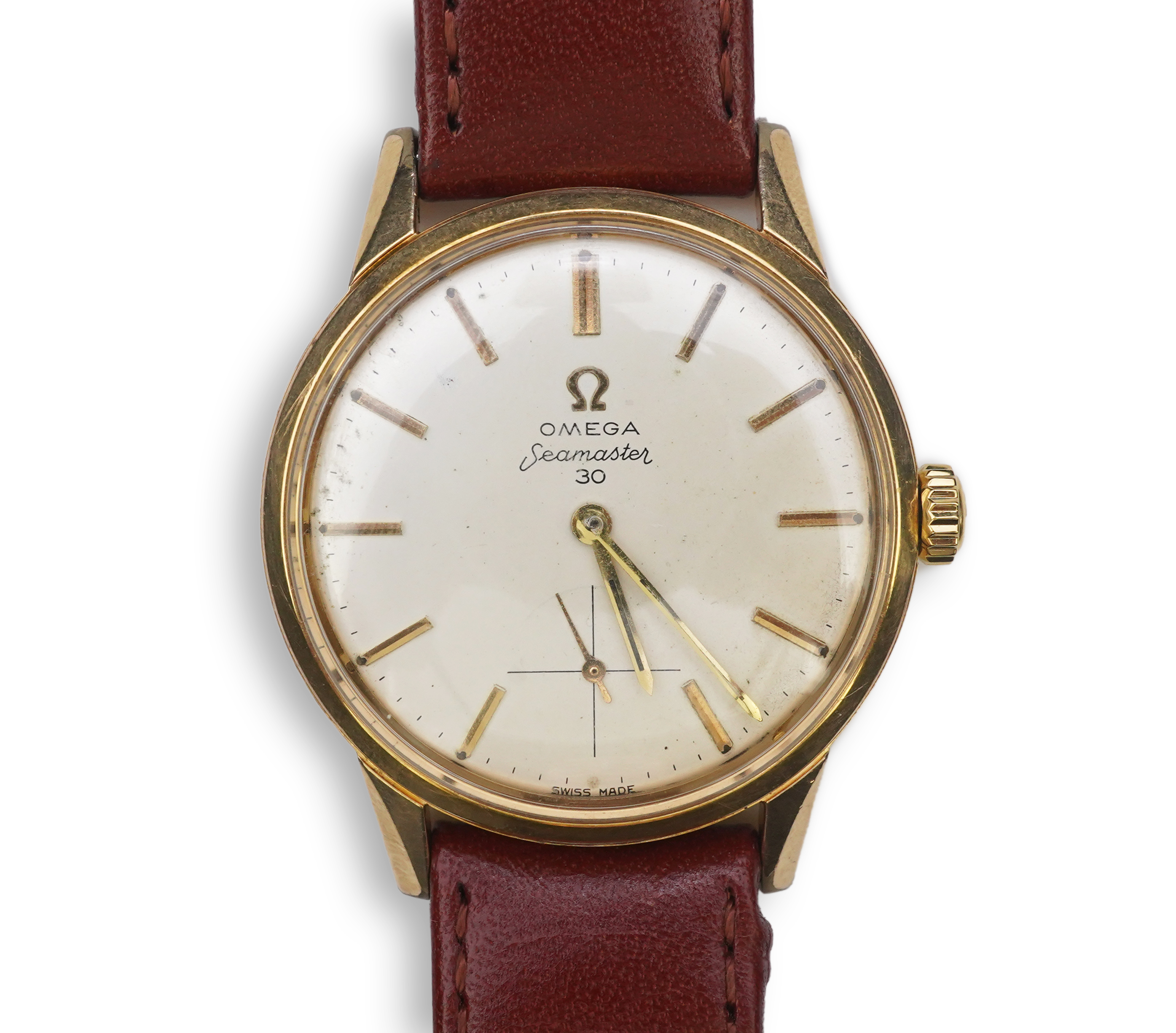 A gentleman's steel and gold plated Omega Seamaster 30 manual wind wrist watch, on a later associated leather strap